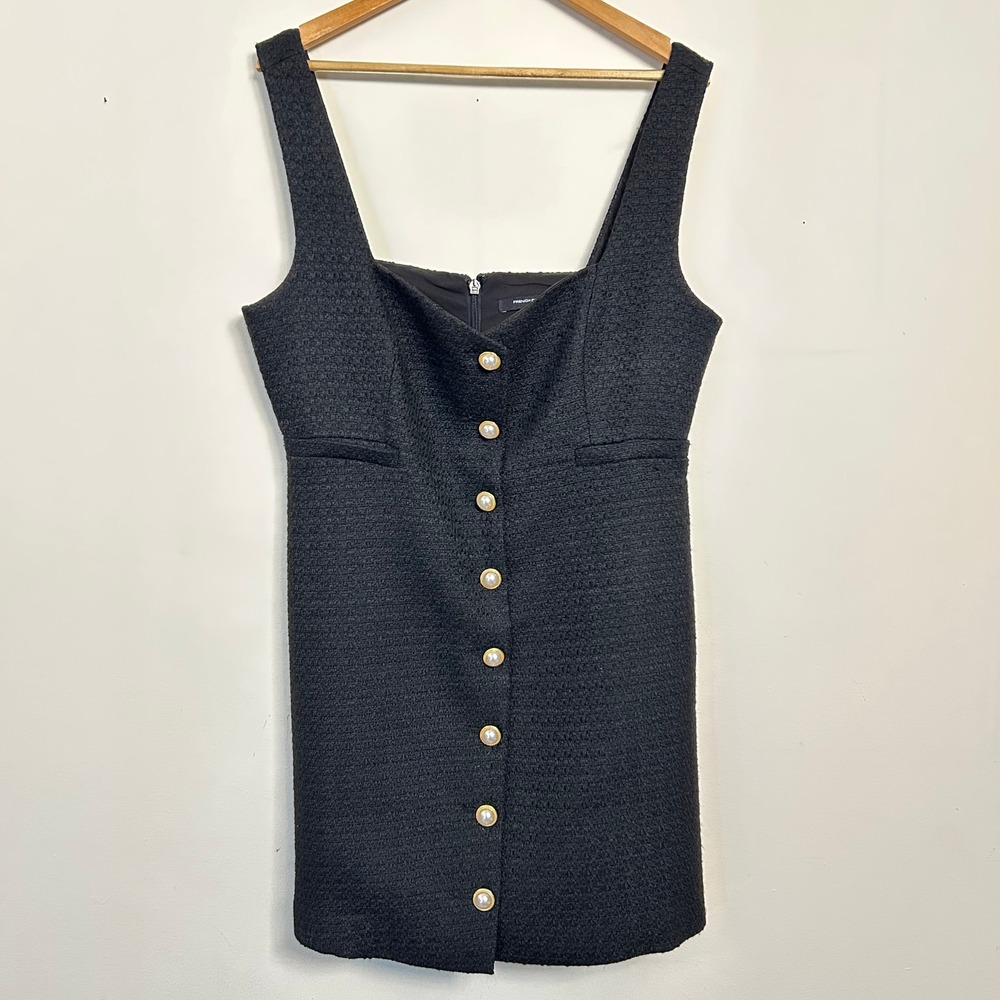 French Connection Tweed Mini Dress‎ Black Pearl Button Size 14